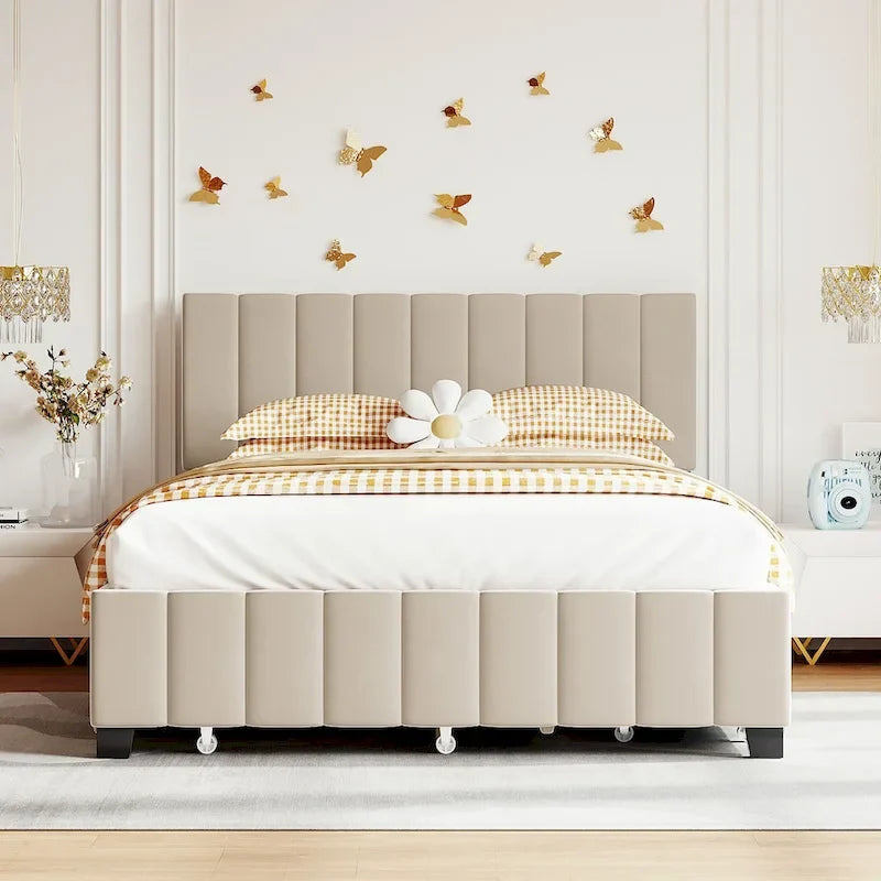 Lit plateforme rembourré en velours Queen Size avec 2 tiroirs et 1 lit gigogne Twin XL