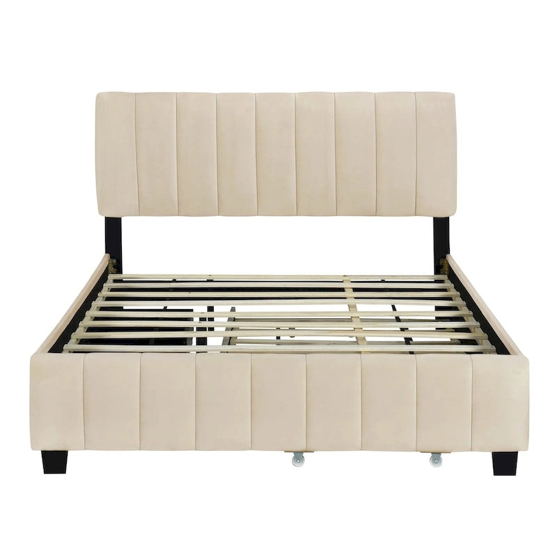 Lit plateforme rembourré en velours Queen Size avec 2 tiroirs et 1 lit gigogne Twin XL