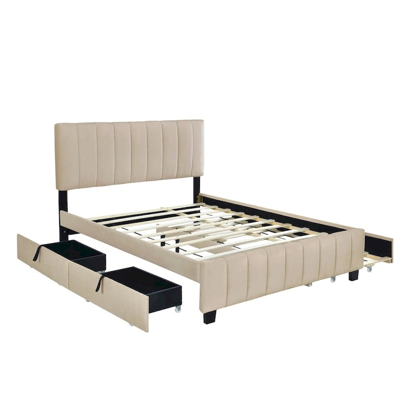 Lit plateforme rembourré en velours Queen Size avec 2 tiroirs et 1 lit gigogne Twin XL