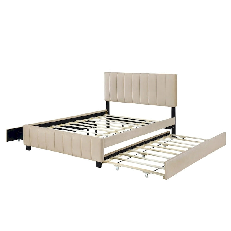 Lit plateforme rembourré en velours Queen Size avec 2 tiroirs et 1 lit gigogne Twin XL