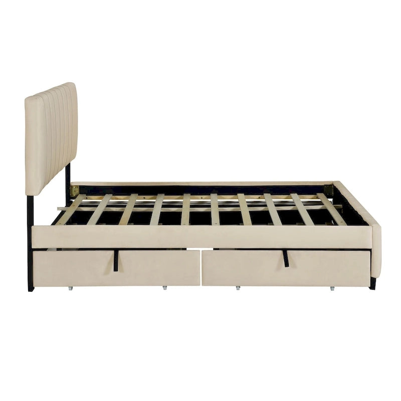 Lit plateforme rembourré en velours Queen Size avec 2 tiroirs et 1 lit gigogne Twin XL