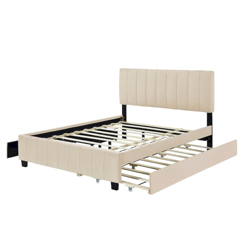 Lit plateforme rembourré en velours Queen Size avec 2 tiroirs et 1 lit gigogne Twin XL
