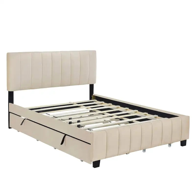 Lit plateforme rembourré en velours Queen Size avec 2 tiroirs et 1 lit gigogne Twin XL