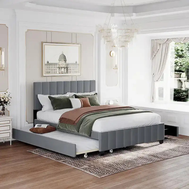 Lit plateforme rembourré en velours Queen Size avec 2 tiroirs et 1 lit gigogne Twin XL