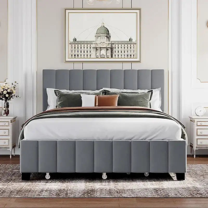 Lit plateforme rembourré en velours Queen Size avec 2 tiroirs et 1 lit gigogne Twin XL