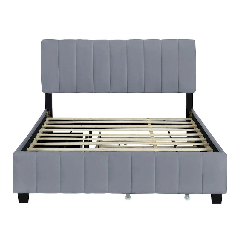 Lit plateforme rembourré en velours Queen Size avec 2 tiroirs et 1 lit gigogne Twin XL