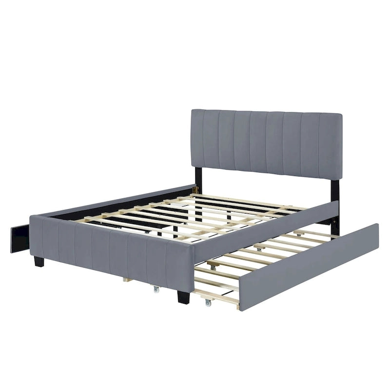 Lit plateforme rembourré en velours Queen Size avec 2 tiroirs et 1 lit gigogne Twin XL