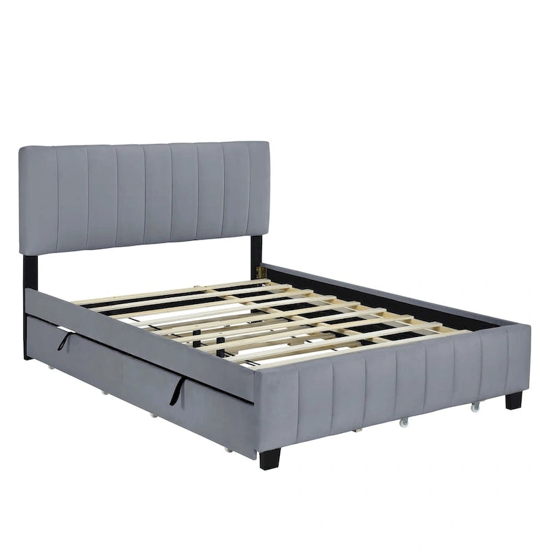 Lit plateforme rembourré en velours Queen Size avec 2 tiroirs et 1 lit gigogne Twin XL