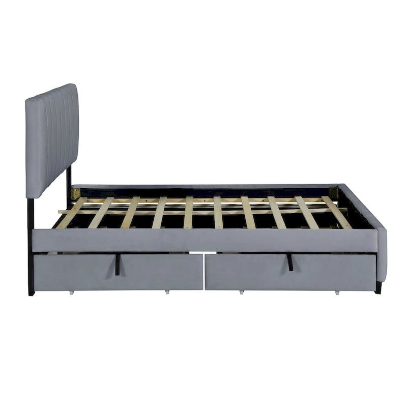 Lit plateforme rembourré en velours Queen Size avec 2 tiroirs et 1 lit gigogne Twin XL