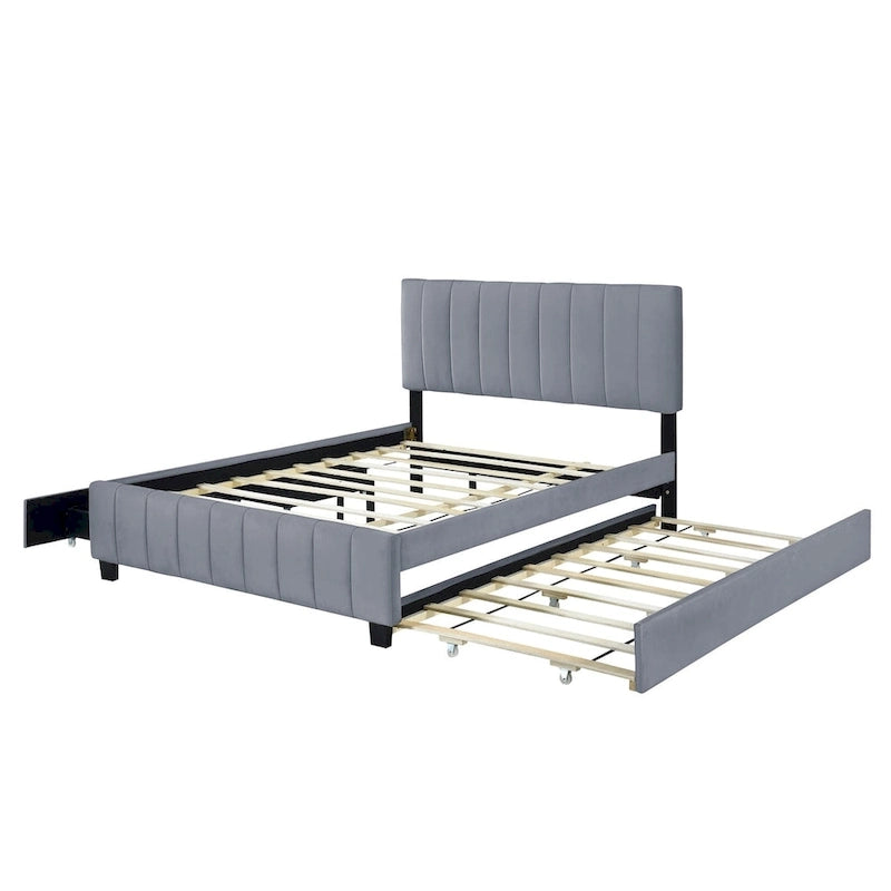Lit plateforme rembourré en velours Queen Size avec 2 tiroirs et 1 lit gigogne Twin XL