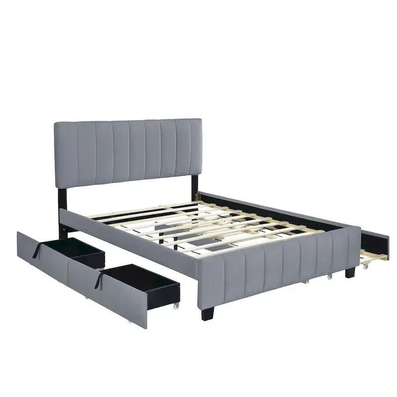 Lit plateforme rembourré en velours Queen Size avec 2 tiroirs et 1 lit gigogne Twin XL