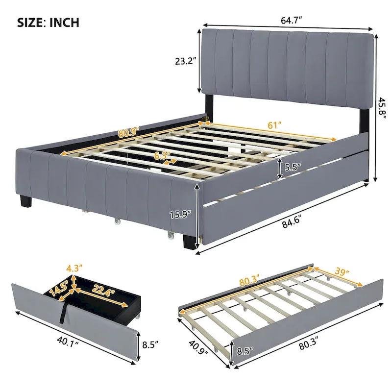Lit plateforme rembourré en velours Queen Size avec 2 tiroirs et 1 lit gigogne Twin XL