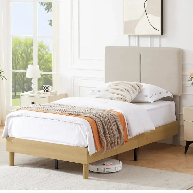 Javlergo Upholstered Bed Frame with Linen Fabric Adjustable Headboard, Strong Wood Slats Supports, No Box Spring Needed
