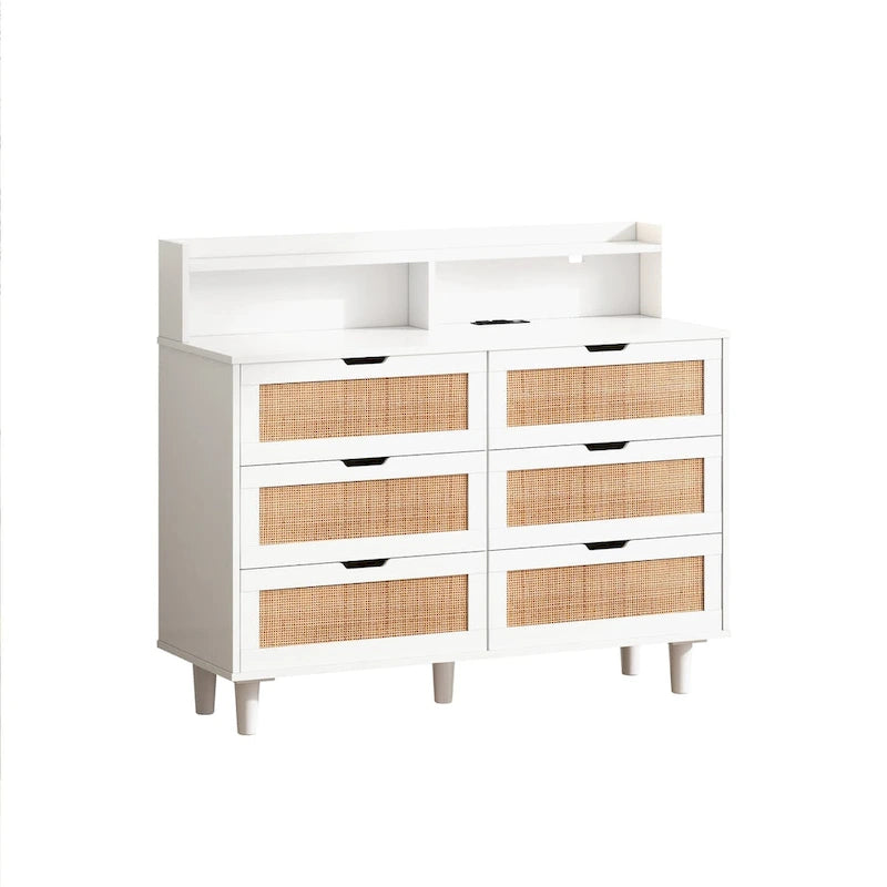 Meuble de rangement à tiroirs en rotin blanc avec éclairage LED et prise électrique, idéal pour la chambre et le salon, dimensions : 43,31 cm