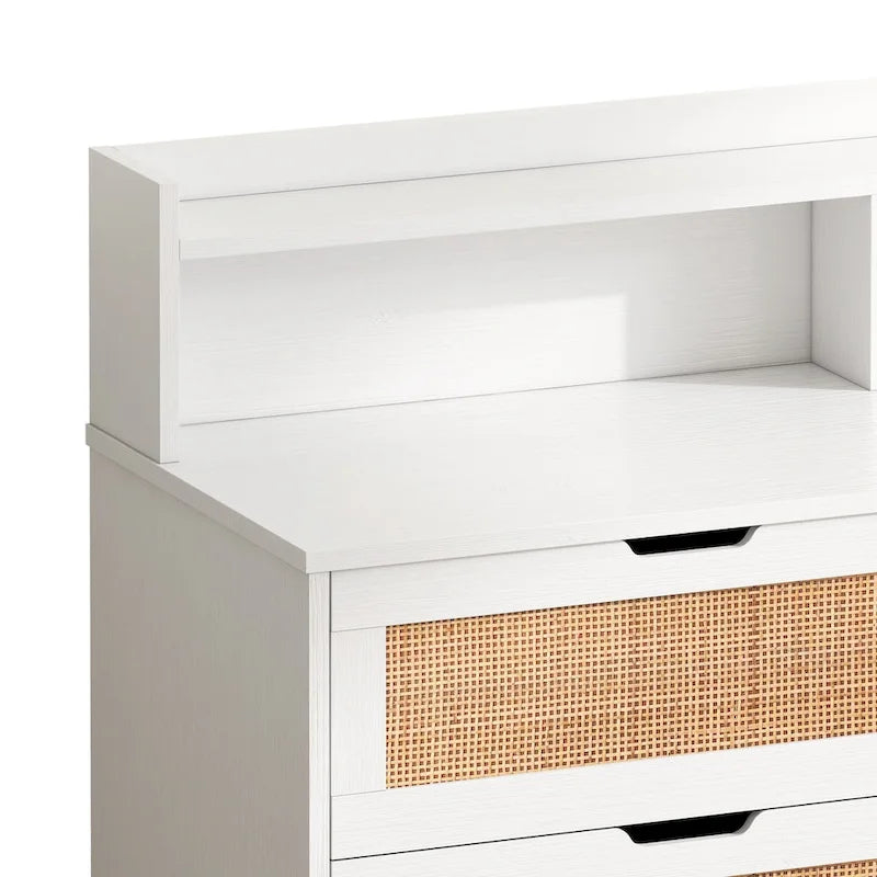 Meuble de rangement à tiroirs en rotin blanc avec éclairage LED et prise électrique, idéal pour la chambre et le salon, dimensions : 43,31 cm