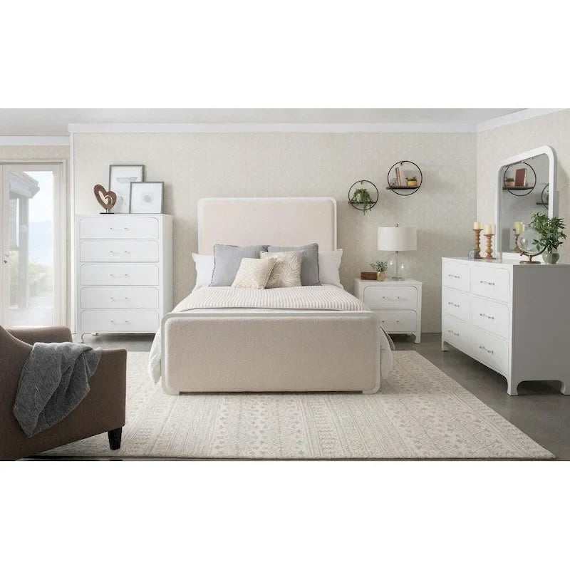 Lit Helena blanc perle et beige à panneaux avec pied de soutien