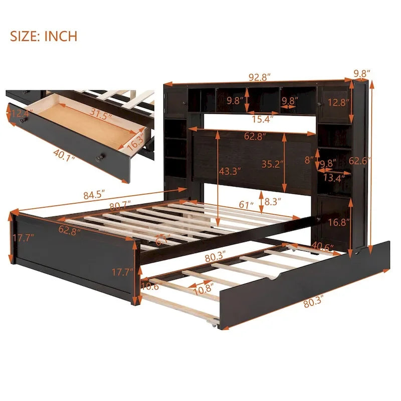 Lit en bois Nestfair Queen Size avec armoire intégrée
