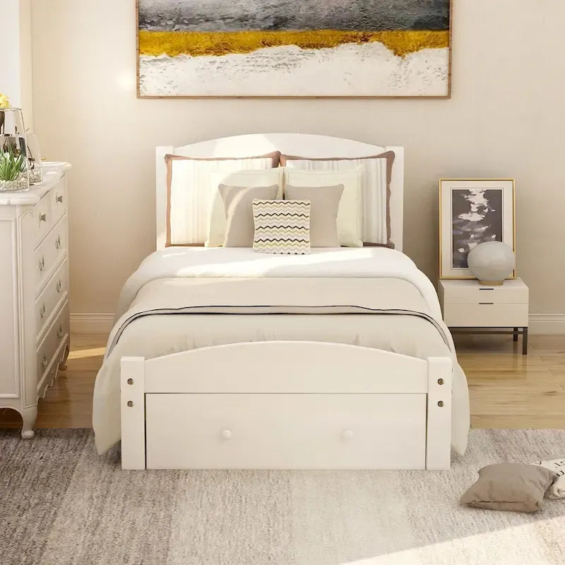 Cadre de lit plateforme simple avec tiroir de rangement et sommier à lattes en bois - Aucun sommier requis