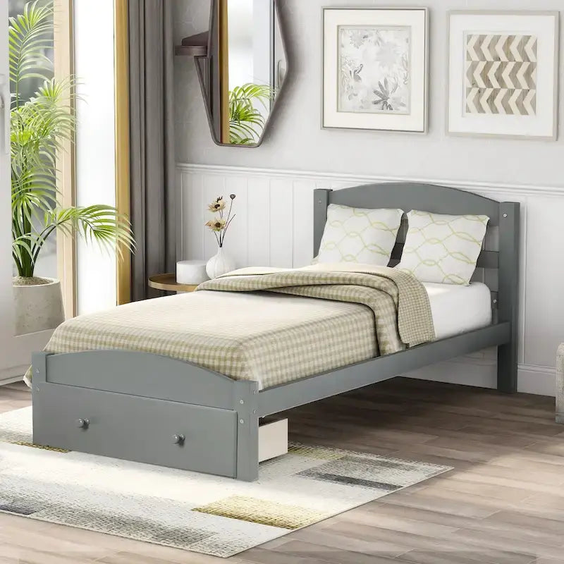 Cadre de lit plateforme simple avec tiroir de rangement et sommier à lattes en bois - Aucun sommier requis