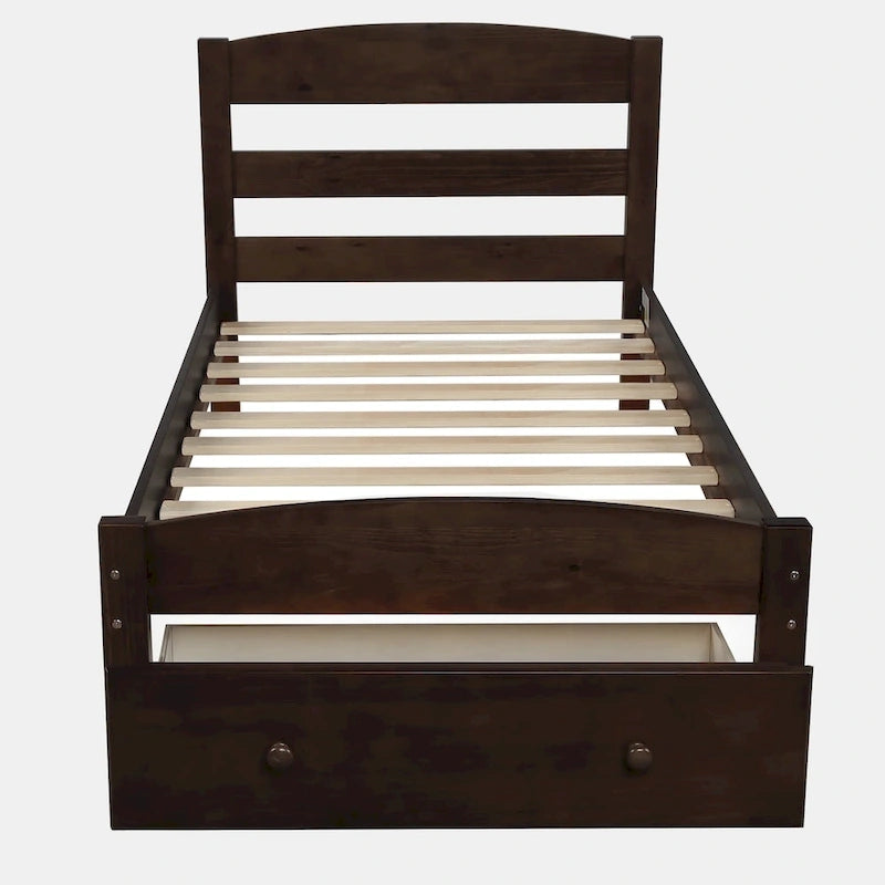 Cadre de lit plateforme simple avec tiroir de rangement et sommier à lattes en bois - Aucun sommier requis