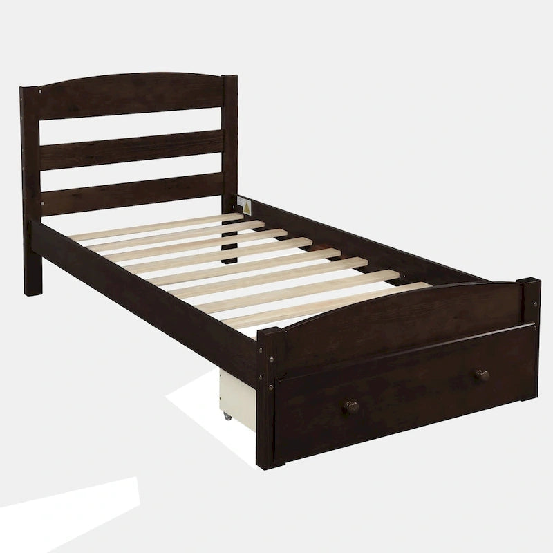 Cadre de lit plateforme simple avec tiroir de rangement et sommier à lattes en bois - Aucun sommier requis