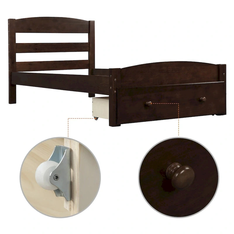 Cadre de lit plateforme simple avec tiroir de rangement et sommier à lattes en bois - Aucun sommier requis