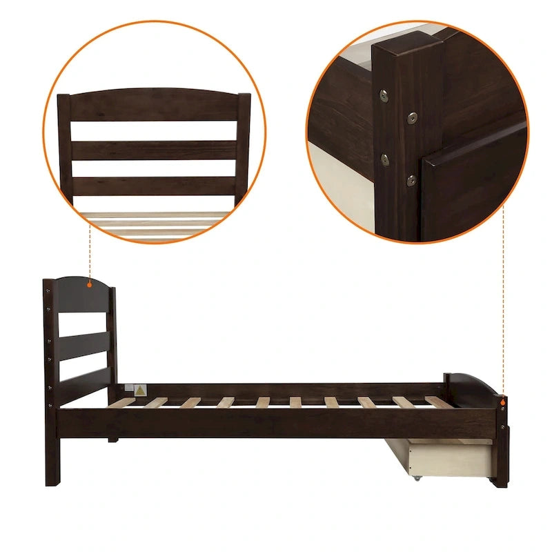 Cadre de lit plateforme simple avec tiroir de rangement et sommier à lattes en bois - Aucun sommier requis
