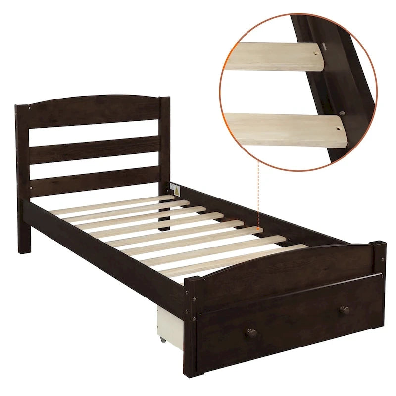 Cadre de lit plateforme simple avec tiroir de rangement et sommier à lattes en bois - Aucun sommier requis