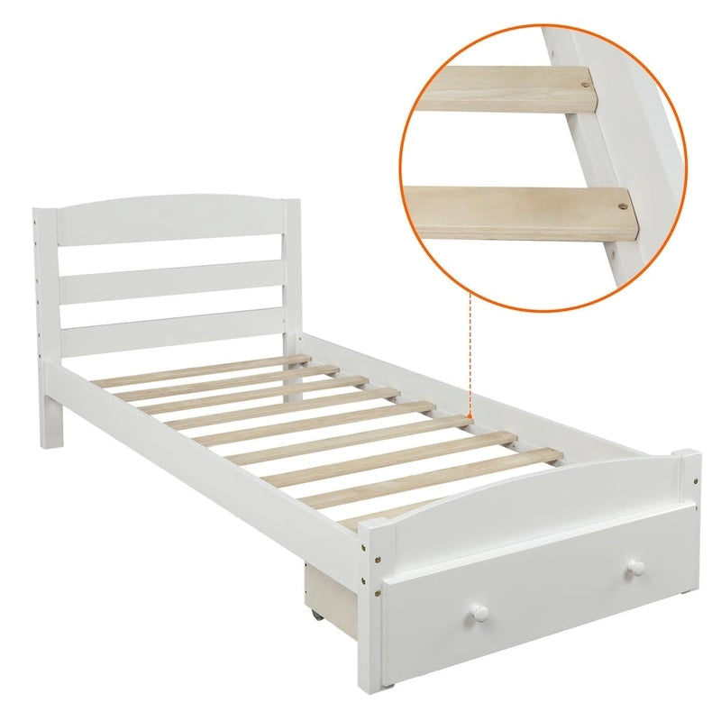 Cadre de lit plateforme simple avec tiroir de rangement et sommier à lattes en bois - Aucun sommier requis