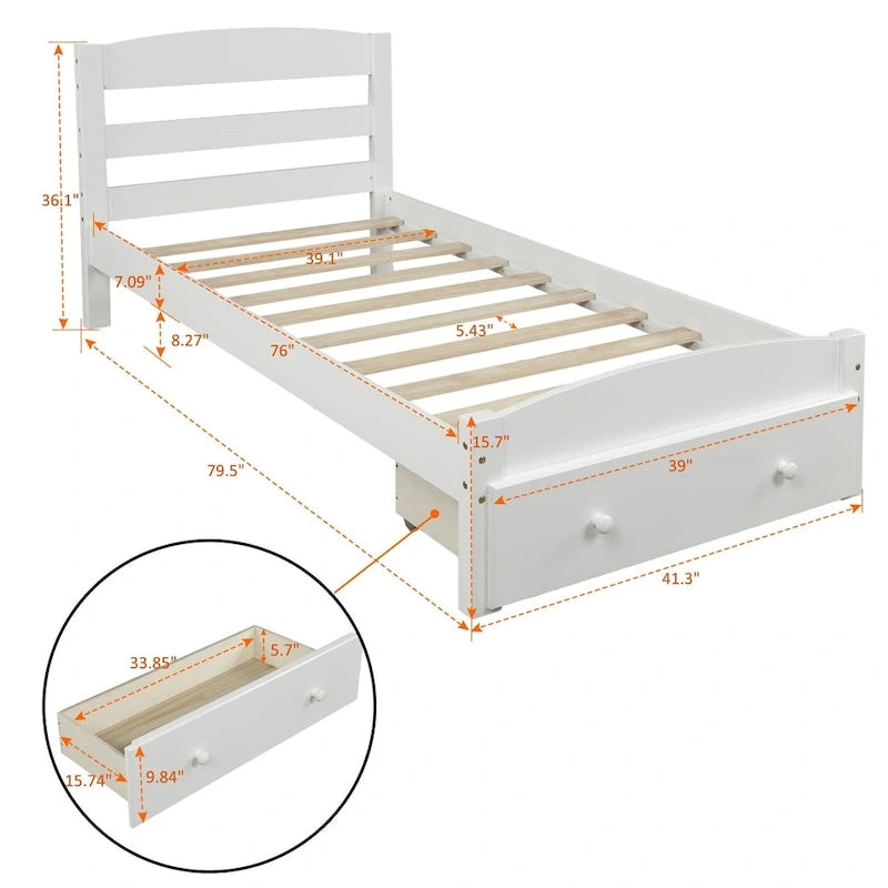 Cadre de lit plateforme simple avec tiroir de rangement et sommier à lattes en bois - Aucun sommier requis