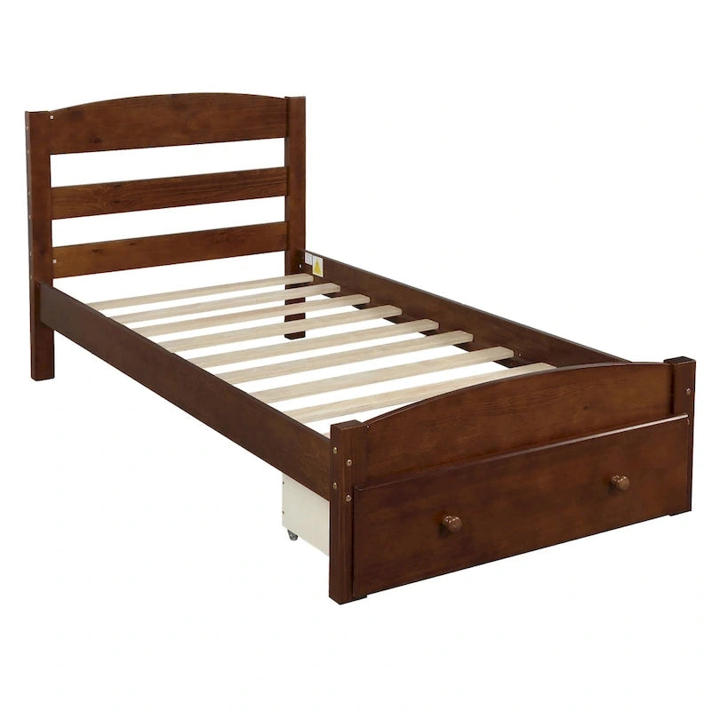 Cadre de lit plateforme simple avec tiroir de rangement et sommier à lattes en bois - Aucun sommier requis