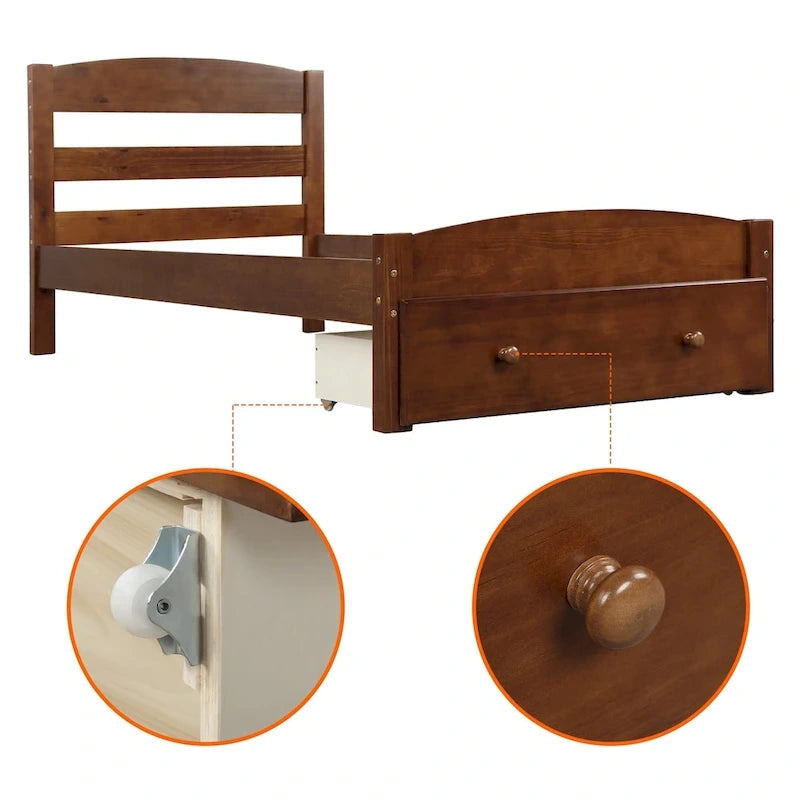 Cadre de lit plateforme simple avec tiroir de rangement et sommier à lattes en bois - Aucun sommier requis