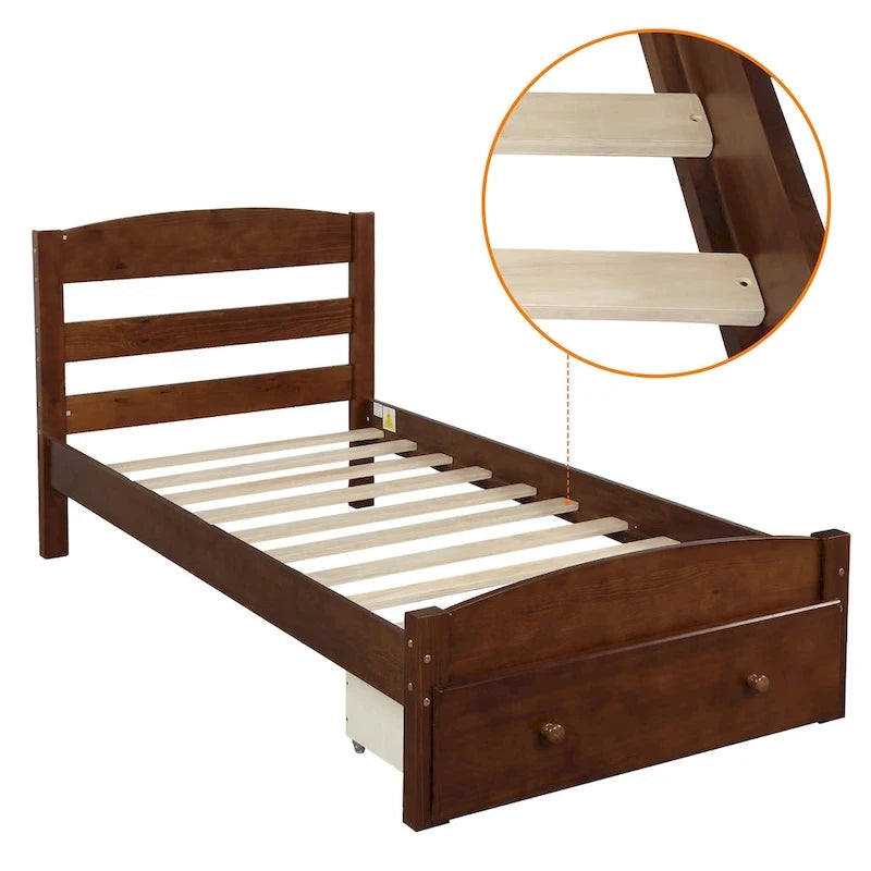 Cadre de lit plateforme simple avec tiroir de rangement et sommier à lattes en bois - Aucun sommier requis