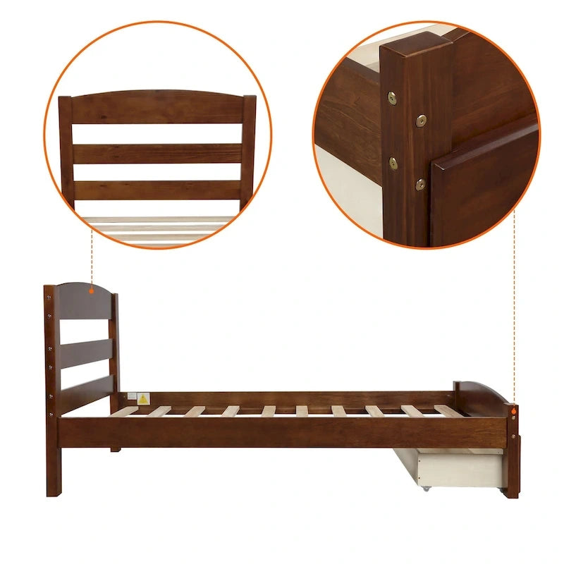 Cadre de lit plateforme simple avec tiroir de rangement et sommier à lattes en bois - Aucun sommier requis