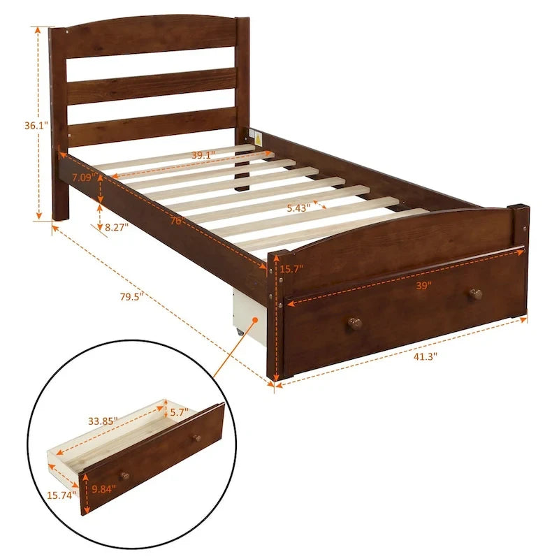 Cadre de lit plateforme simple avec tiroir de rangement et sommier à lattes en bois - Aucun sommier requis