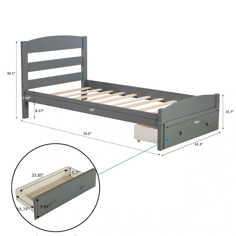 Cadre de lit plateforme simple avec tiroir de rangement et sommier à lattes en bois - Aucun sommier requis