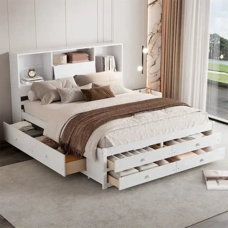 Lit plateforme Queen Size avec tête de lit de rangement et 8 tiroirs