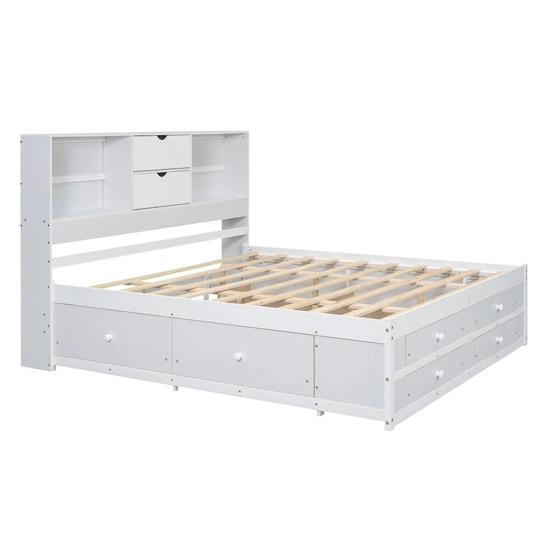 Lit plateforme Queen Size avec tête de lit de rangement et 8 tiroirs
