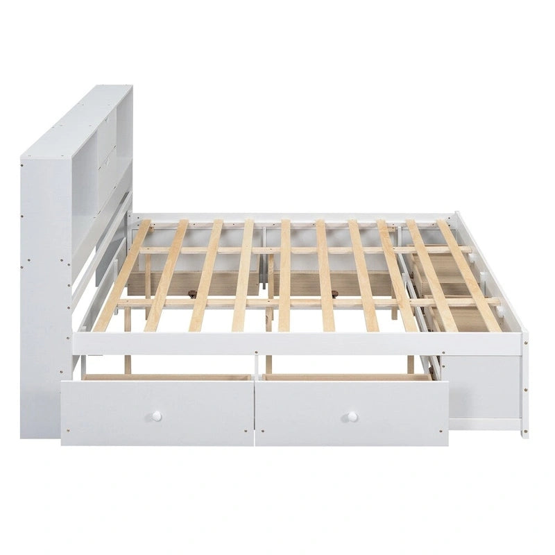 Lit plateforme Queen Size avec tête de lit de rangement et 8 tiroirs
