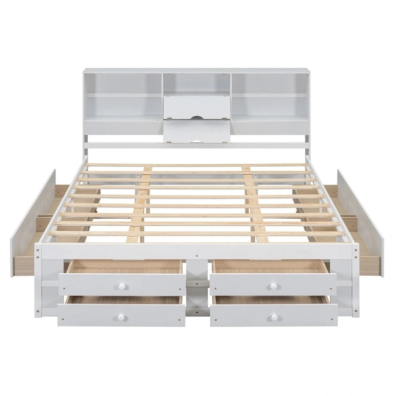 Lit plateforme Queen Size avec tête de lit de rangement et 8 tiroirs