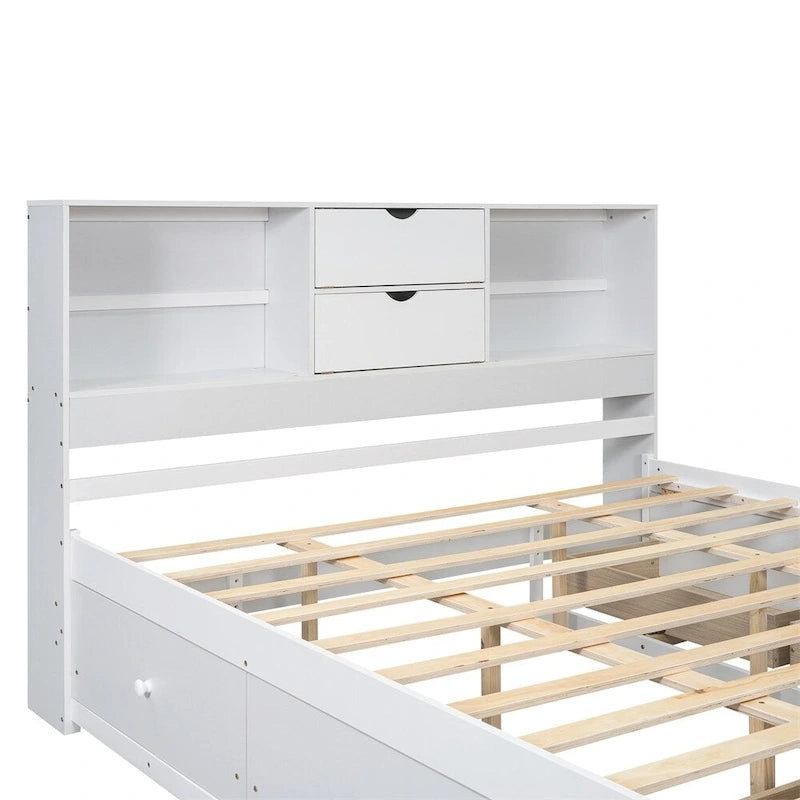 Lit plateforme Queen Size avec tête de lit de rangement et 8 tiroirs
