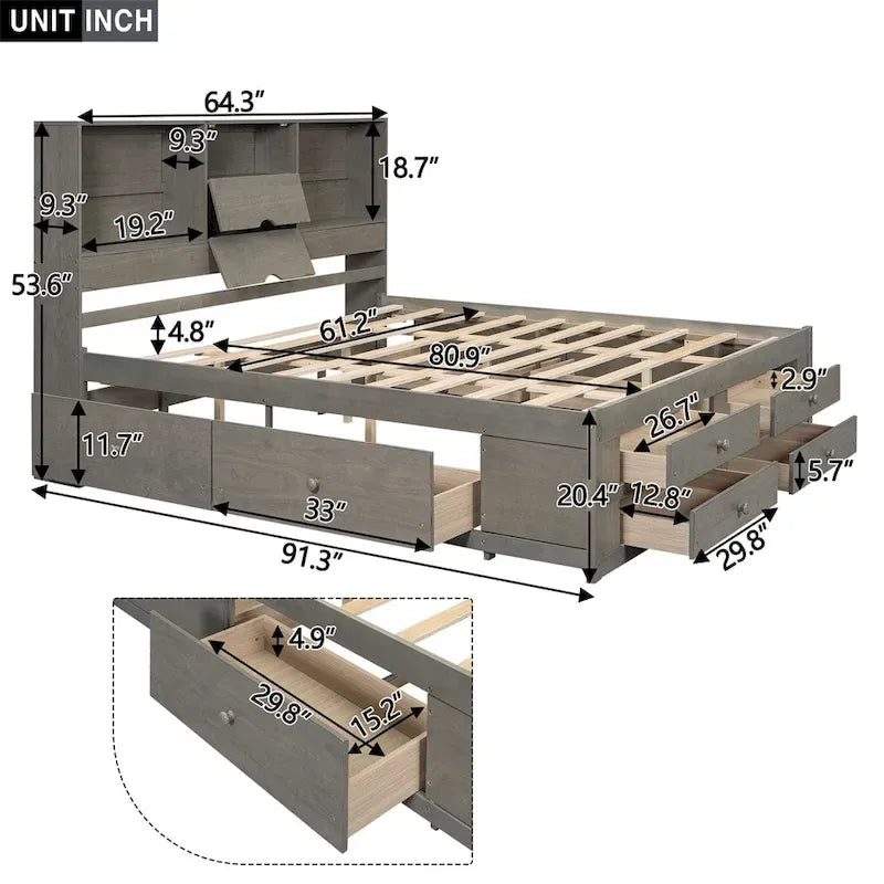 Lit plateforme Queen Size avec tête de lit de rangement et 8 tiroirs