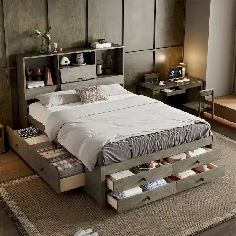 Lit plateforme Queen Size avec tête de lit de rangement et 8 tiroirs