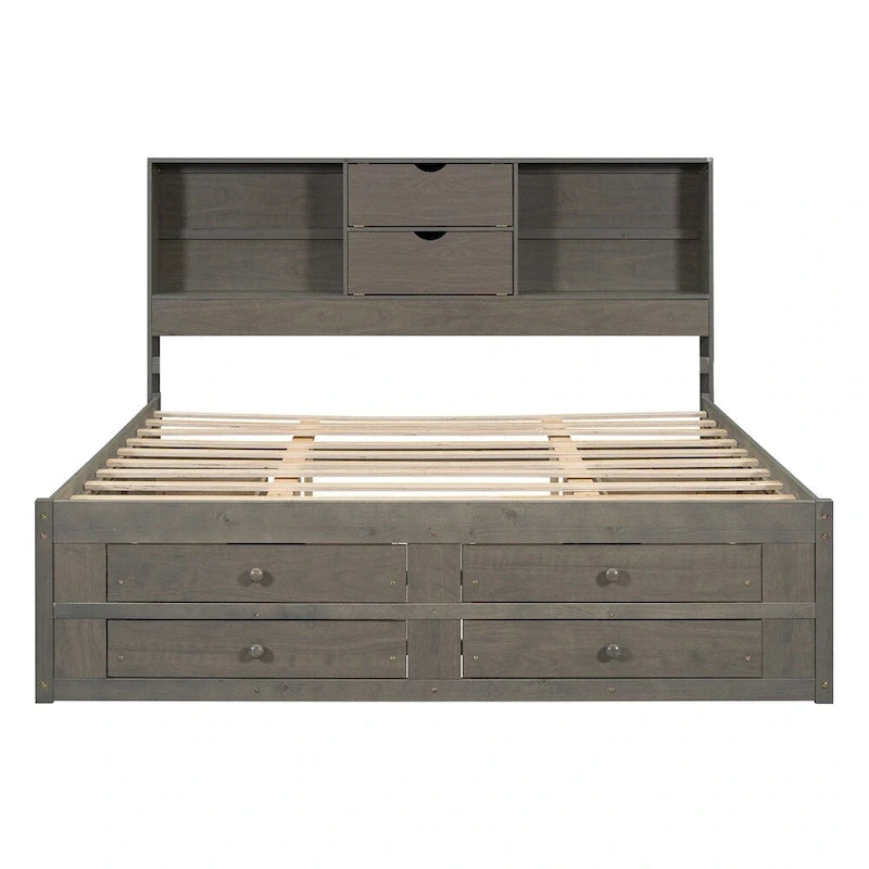 Lit plateforme Queen Size avec tête de lit de rangement et 8 tiroirs