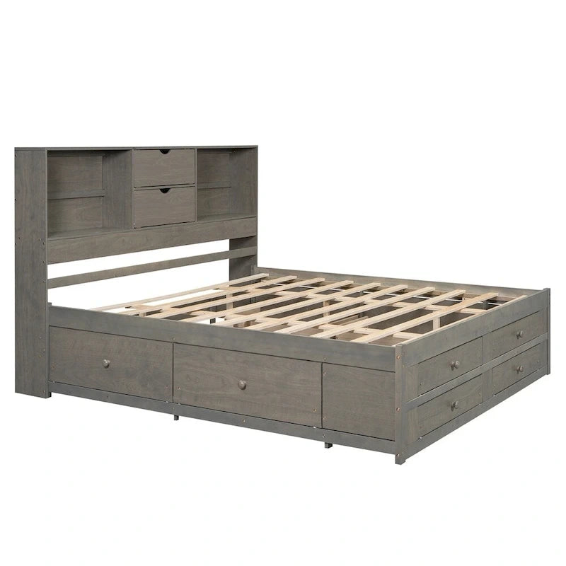 Lit plateforme Queen Size avec tête de lit de rangement et 8 tiroirs