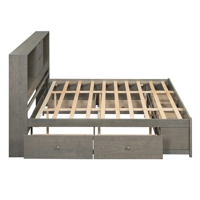Lit plateforme Queen Size avec tête de lit de rangement et 8 tiroirs