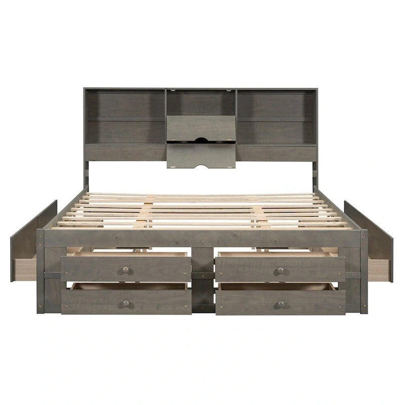 Lit plateforme Queen Size avec tête de lit de rangement et 8 tiroirs
