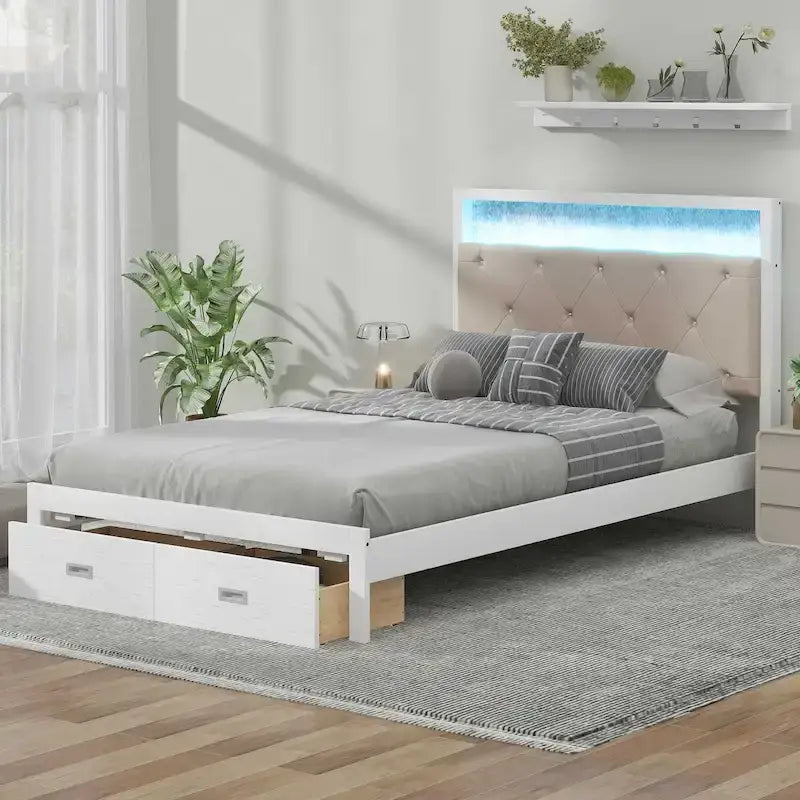 Lit plateforme avec tête de lit rembourrée, éclairage LED et 2 tiroirs