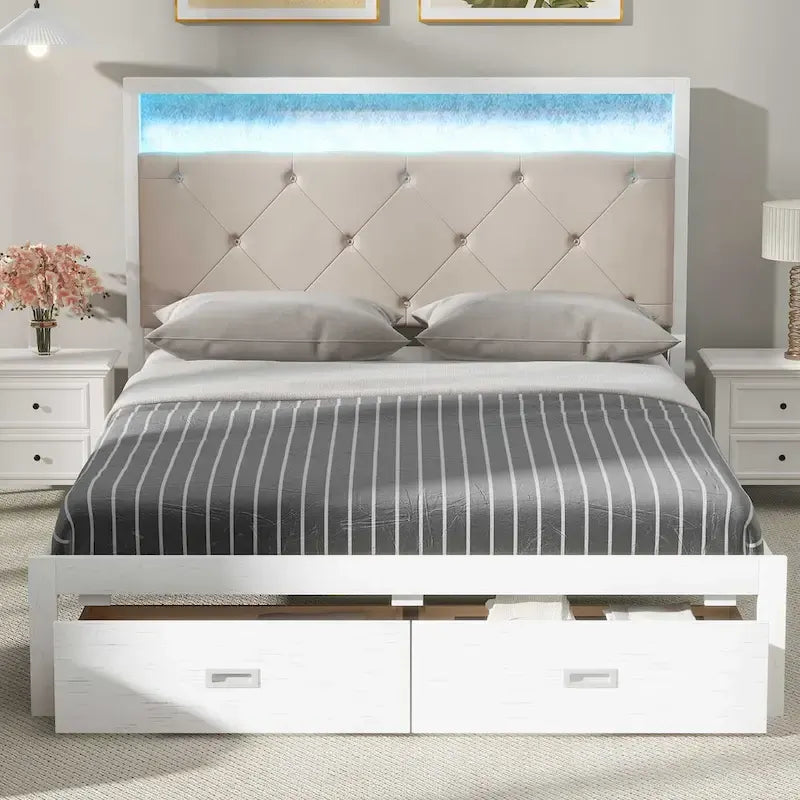 Platform Bed with Upholstered Headboard and LED and 2 Drawers
