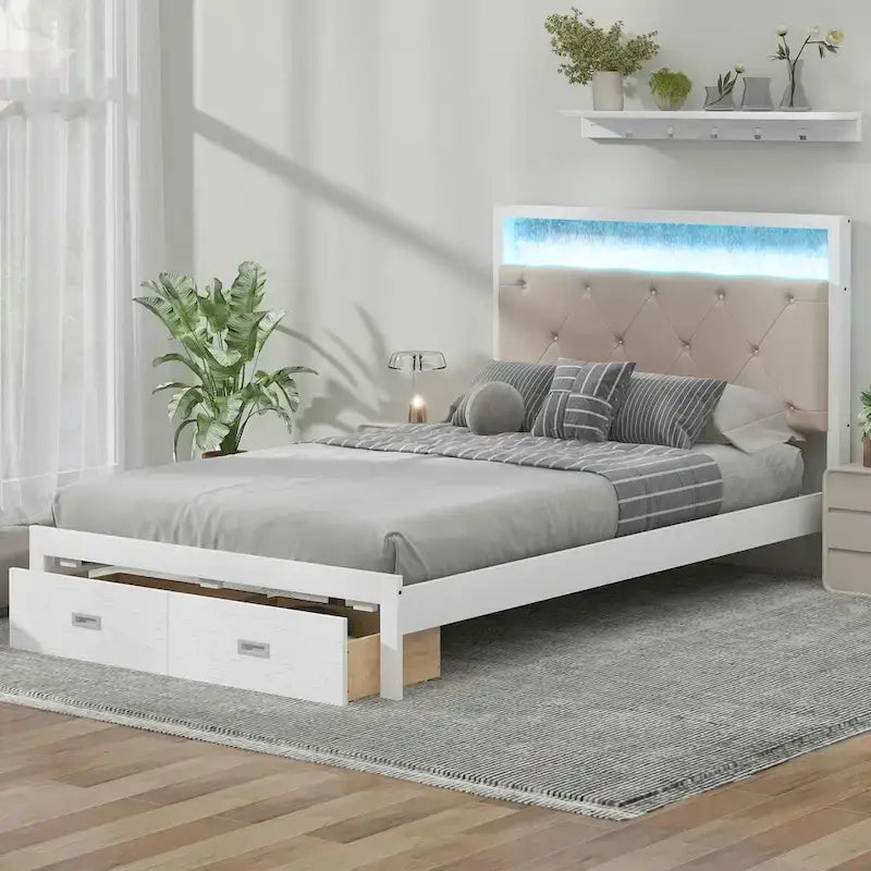 Lit plateforme avec tête de lit rembourrée, éclairage LED et 2 tiroirs